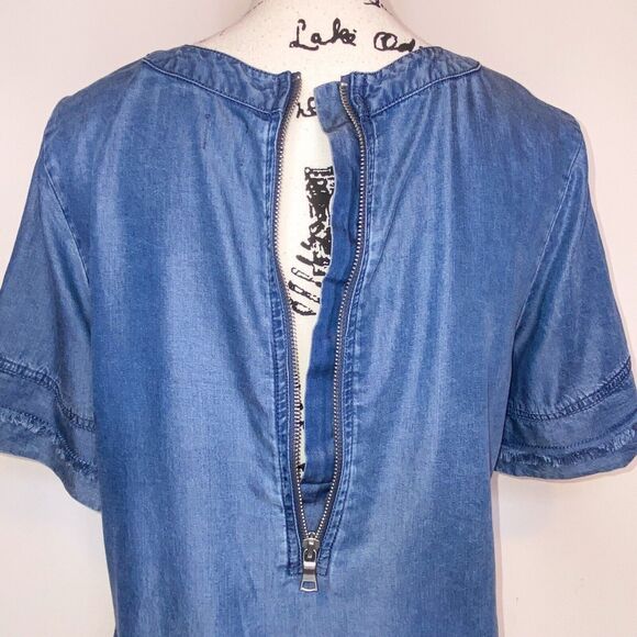GAP Chambray Mini Shift Dress S | Raw Hem Exposed Zipper Boho Streetwear - Picture 5 of 7